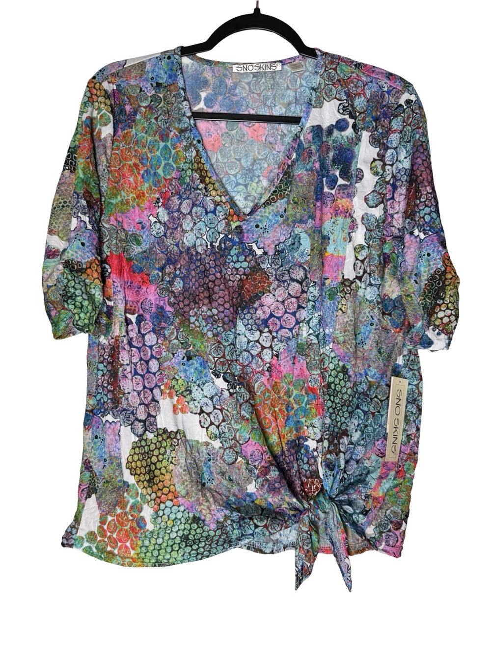 SnoSkins Top Womens Medium Abstract Jazzy Art Print USA Colorful Casual NWT